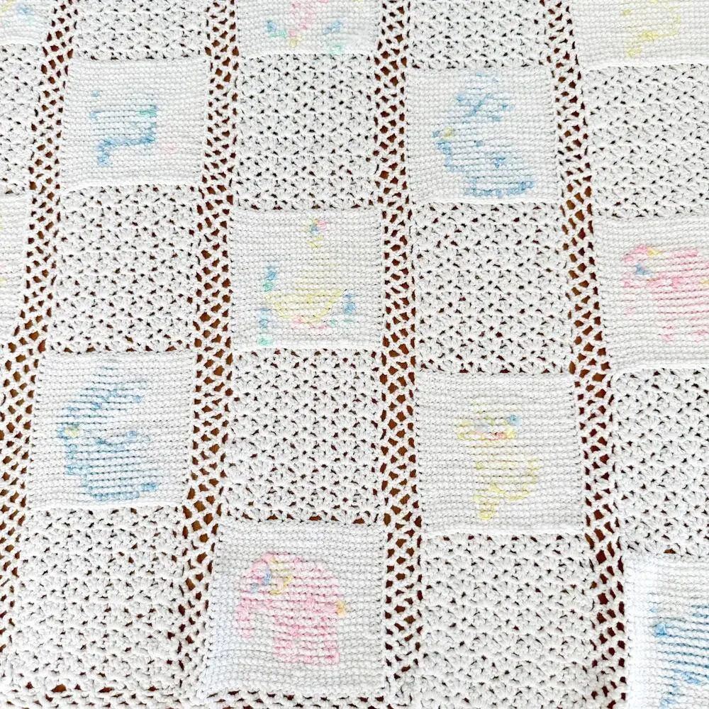 [Vintage] Handmade White Crochet Baby Crib Blanket Animals Rabbit Elephant Ducks